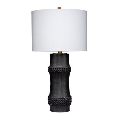 Benjara Lemy 28 Inch Table Lamp, White Linen Drum Shade, Dotted Black Base