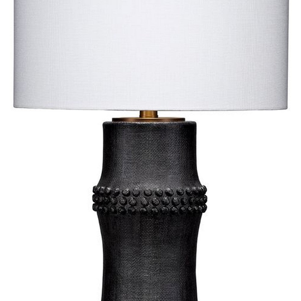 Benjara Lemy 28 Inch Table Lamp, White Linen Drum Shade, Dotted Black Base