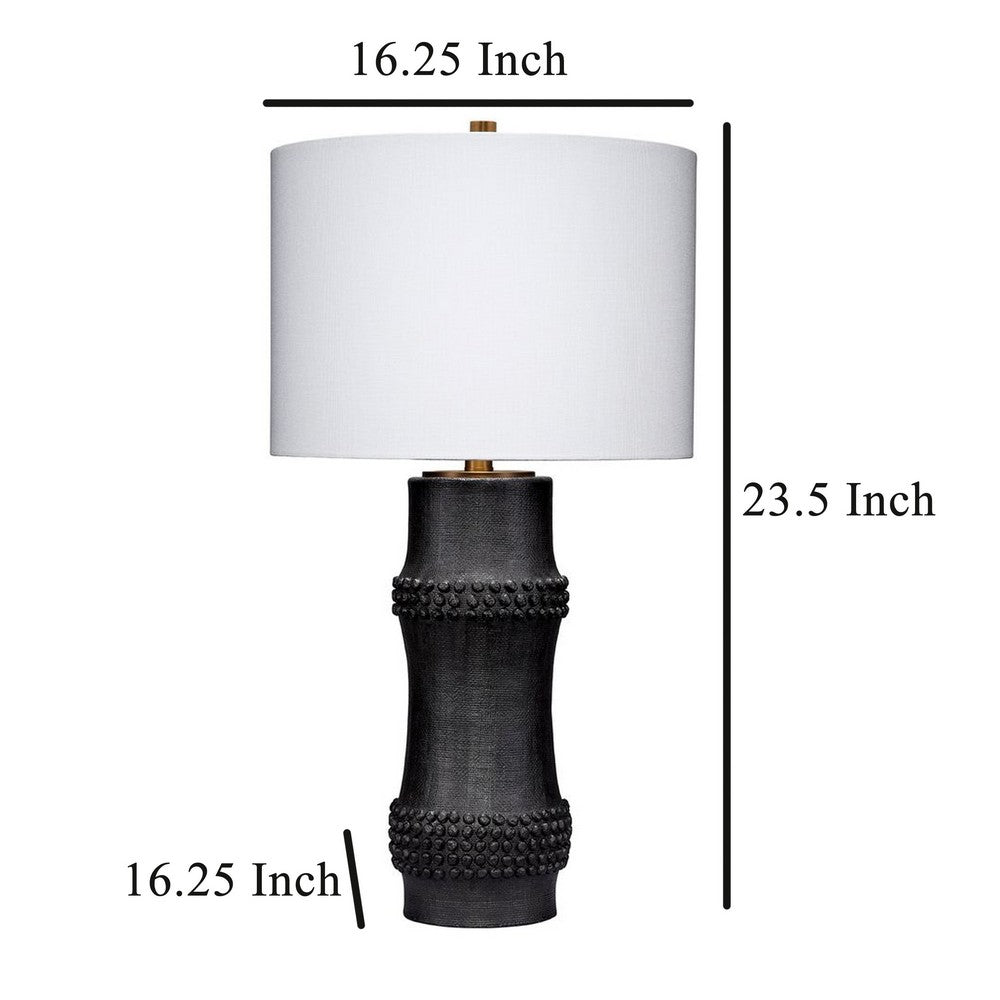 Benjara Lemy 28 Inch Table Lamp, White Linen Drum Shade, Dotted Black Base