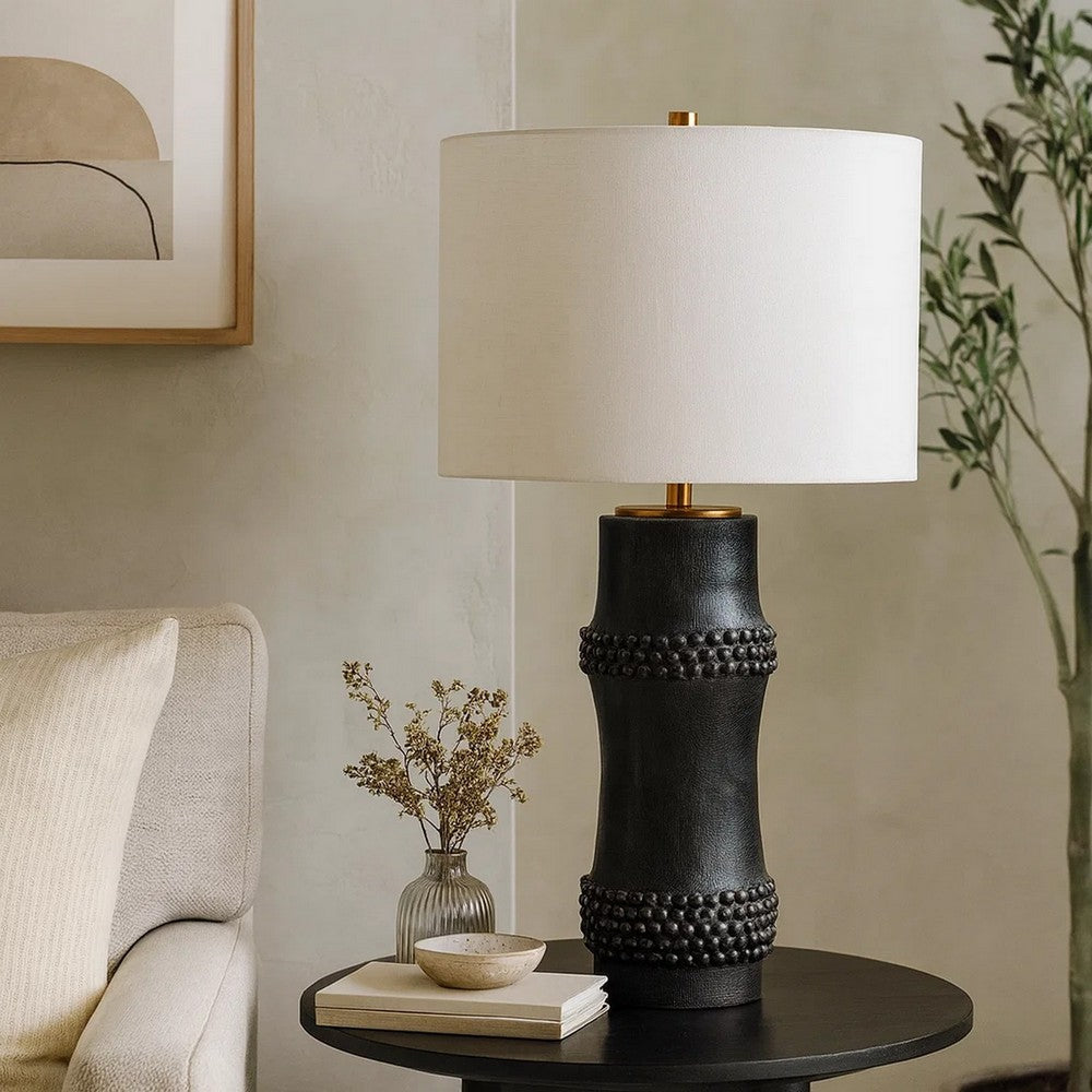 Benjara Lemy 28 Inch Table Lamp, White Linen Drum Shade, Dotted Black Base