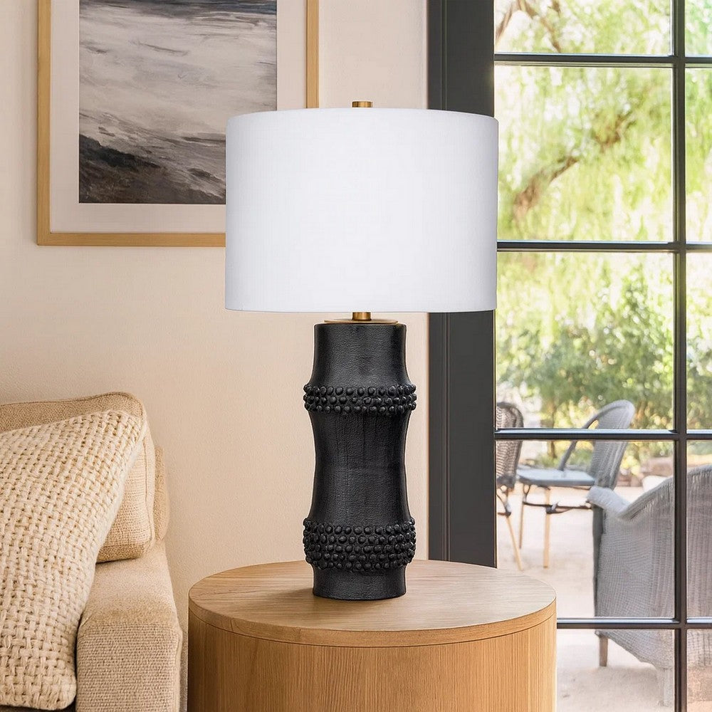 Benjara Lemy 28 Inch Table Lamp, White Linen Drum Shade, Dotted Black Base