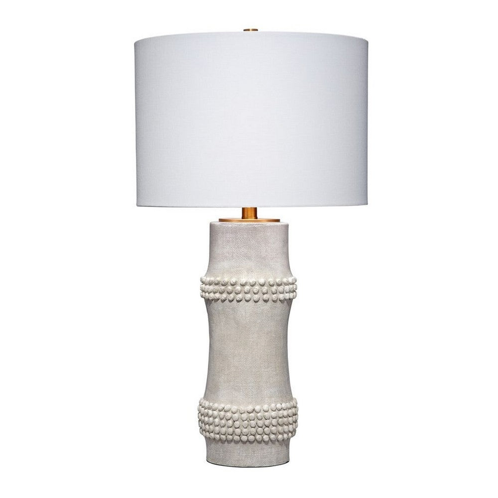 Benjara Lemy 28 Inch Table Lamp, Round Linen Drum Shade, Dotted White Base