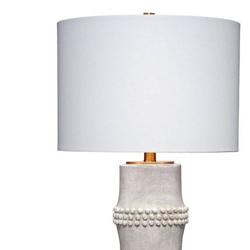 Benjara Lemy 28 Inch Table Lamp, Round Linen Drum Shade, Dotted White Base