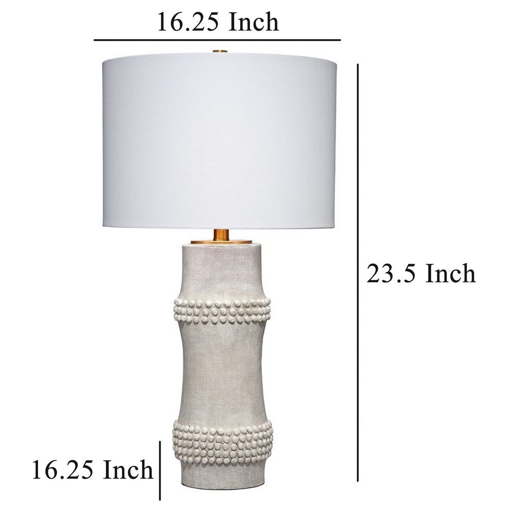 Benjara Lemy 28 Inch Table Lamp, Round Linen Drum Shade, Dotted White Base
