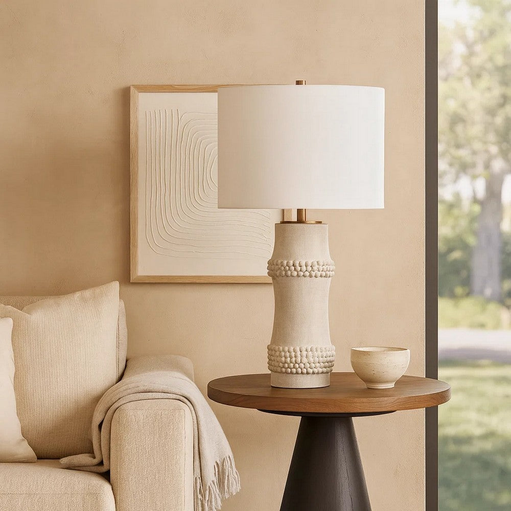 Benjara Lemy 28 Inch Table Lamp, Round Linen Drum Shade, Dotted White Base