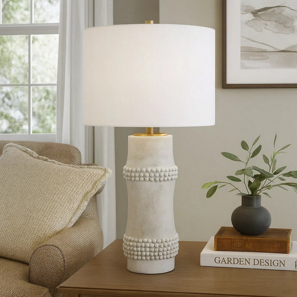Benjara Lemy 28 Inch Table Lamp, Round Linen Drum Shade, Dotted White Base
