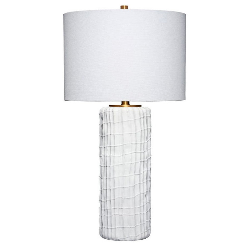 Benjara Mena 28 Inch Table Lamp, Round Drum Shade, Grid Pattern White Base