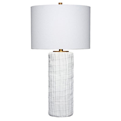 Benjara Mena 28 Inch Table Lamp, Round Drum Shade, Grid Pattern White Base