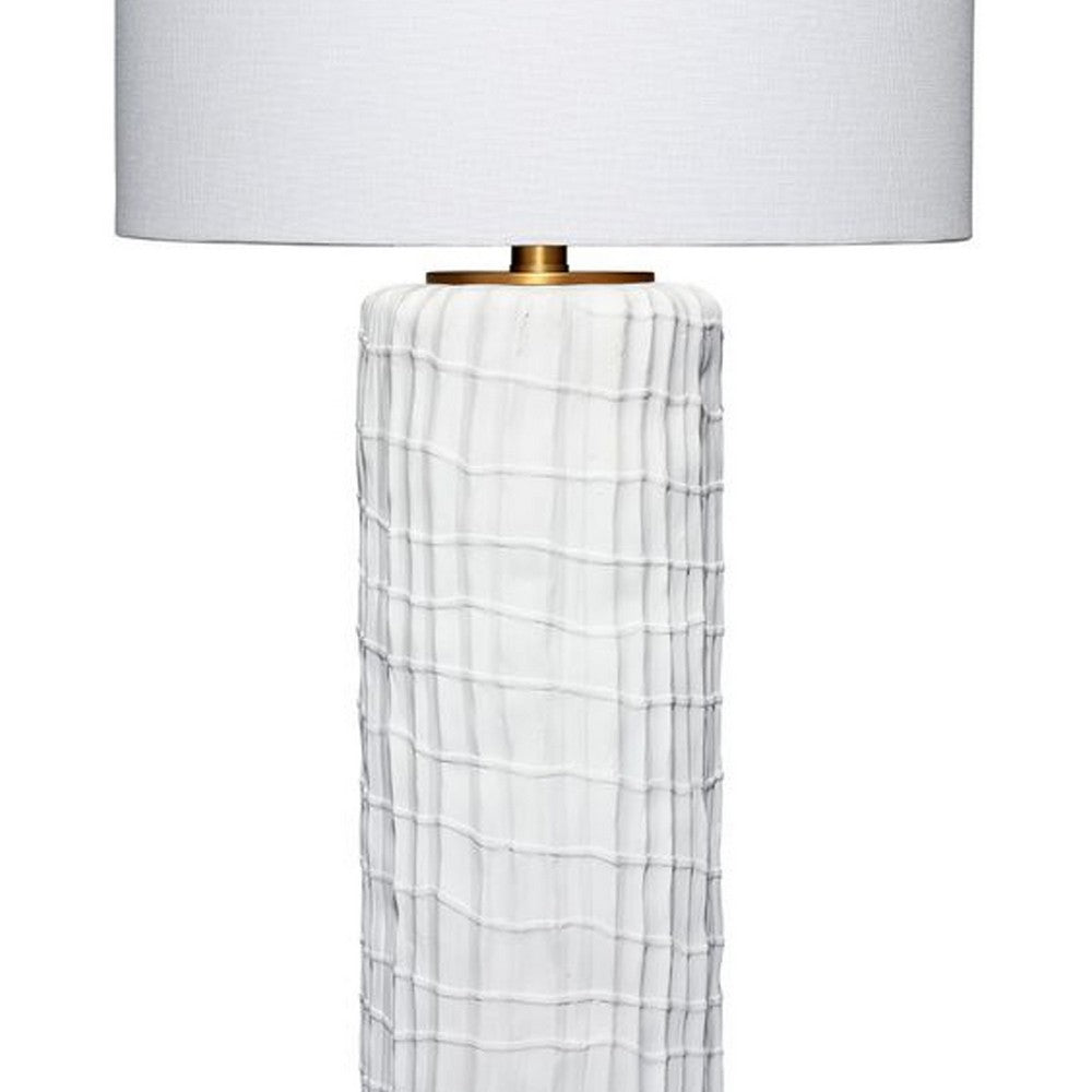 Benjara Mena 28 Inch Table Lamp, Round Drum Shade, Grid Pattern White Base