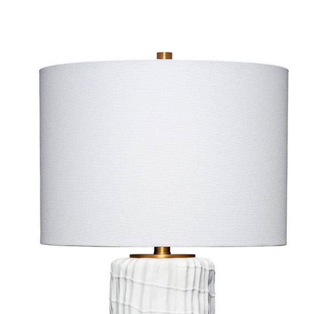 Benjara Mena 28 Inch Table Lamp, Round Drum Shade, Grid Pattern White Base