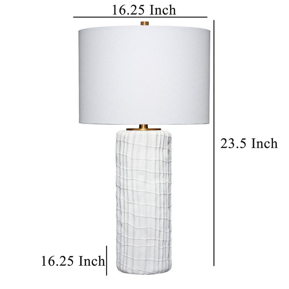 Benjara Mena 28 Inch Table Lamp, Round Drum Shade, Grid Pattern White Base