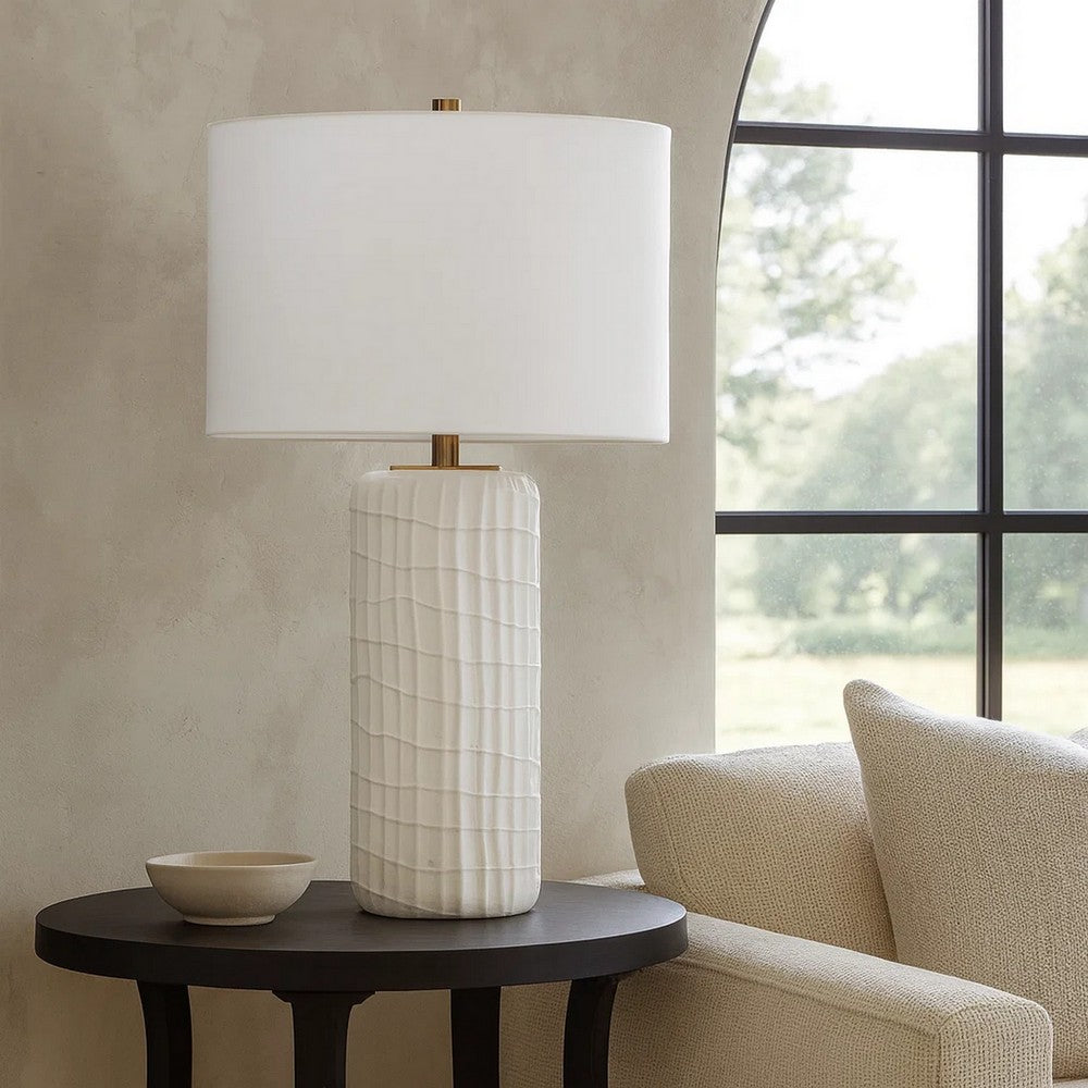 Benjara Mena 28 Inch Table Lamp, Round Drum Shade, Grid Pattern White Base