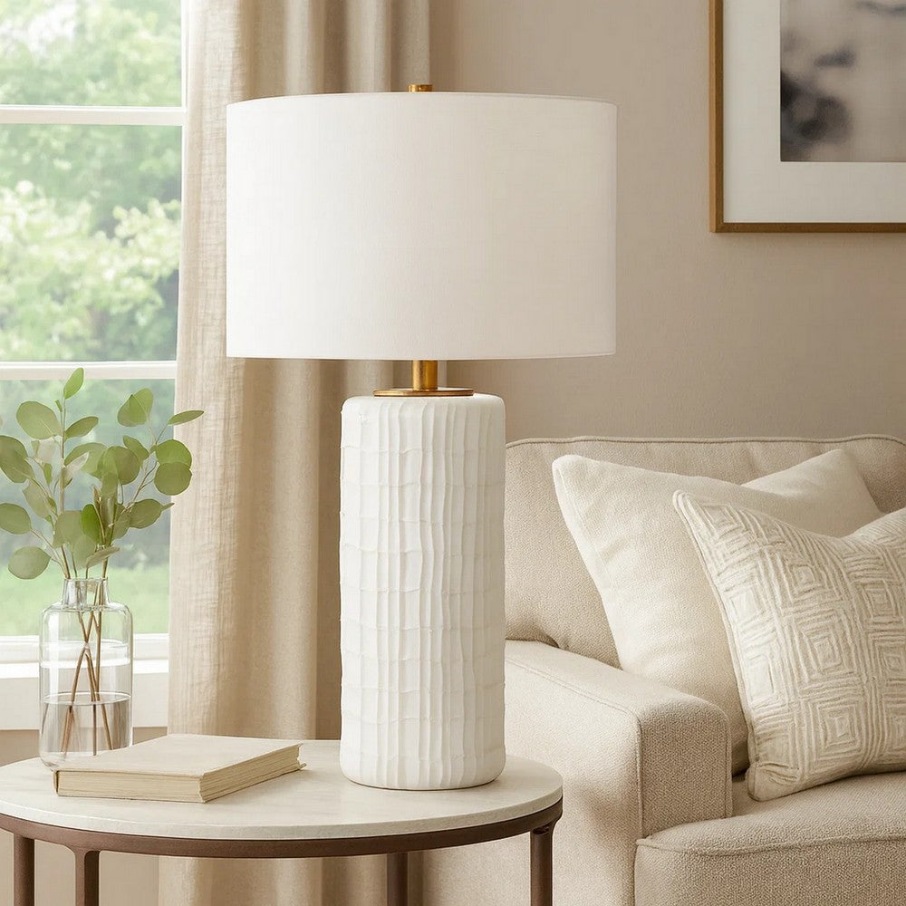 Benjara Mena 28 Inch Table Lamp, Round Drum Shade, Grid Pattern White Base