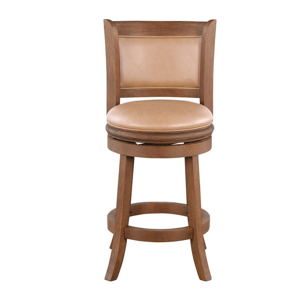 Benjara Haley Swivel Barstool Chair, Brown Faux Leather, Wire Brush Finish