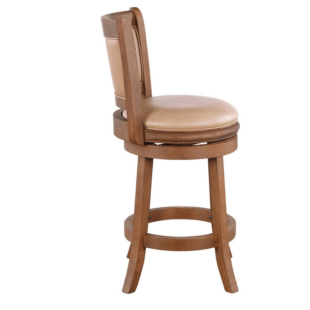 Benjara Haley Swivel Barstool Chair, Brown Faux Leather, Wire Brush Finish