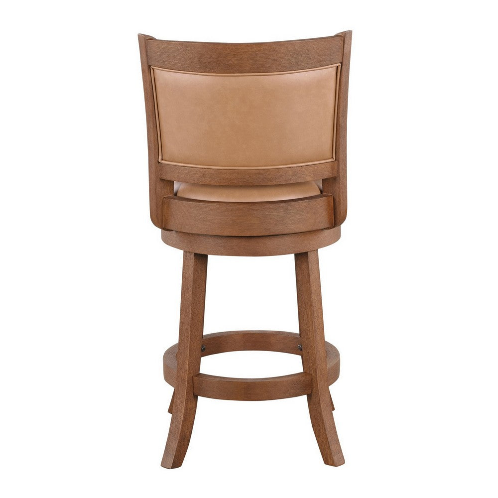 Benjara Haley Swivel Barstool Chair, Brown Faux Leather, Wire Brush Finish