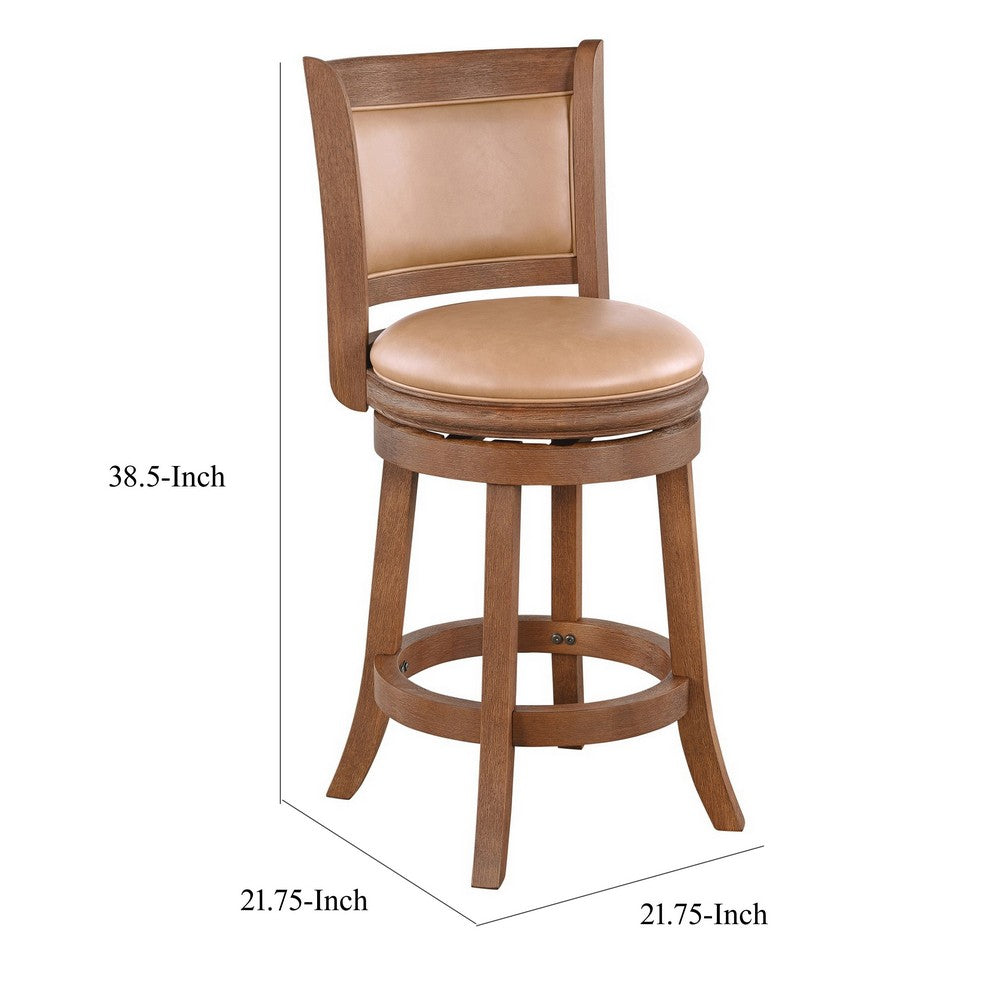 Benjara Haley Swivel Barstool Chair, Brown Faux Leather, Wire Brush Finish