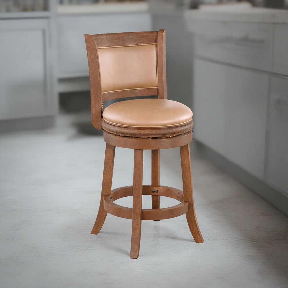 Benjara Haley Swivel Barstool Chair, Brown Faux Leather, Wire Brush Finish