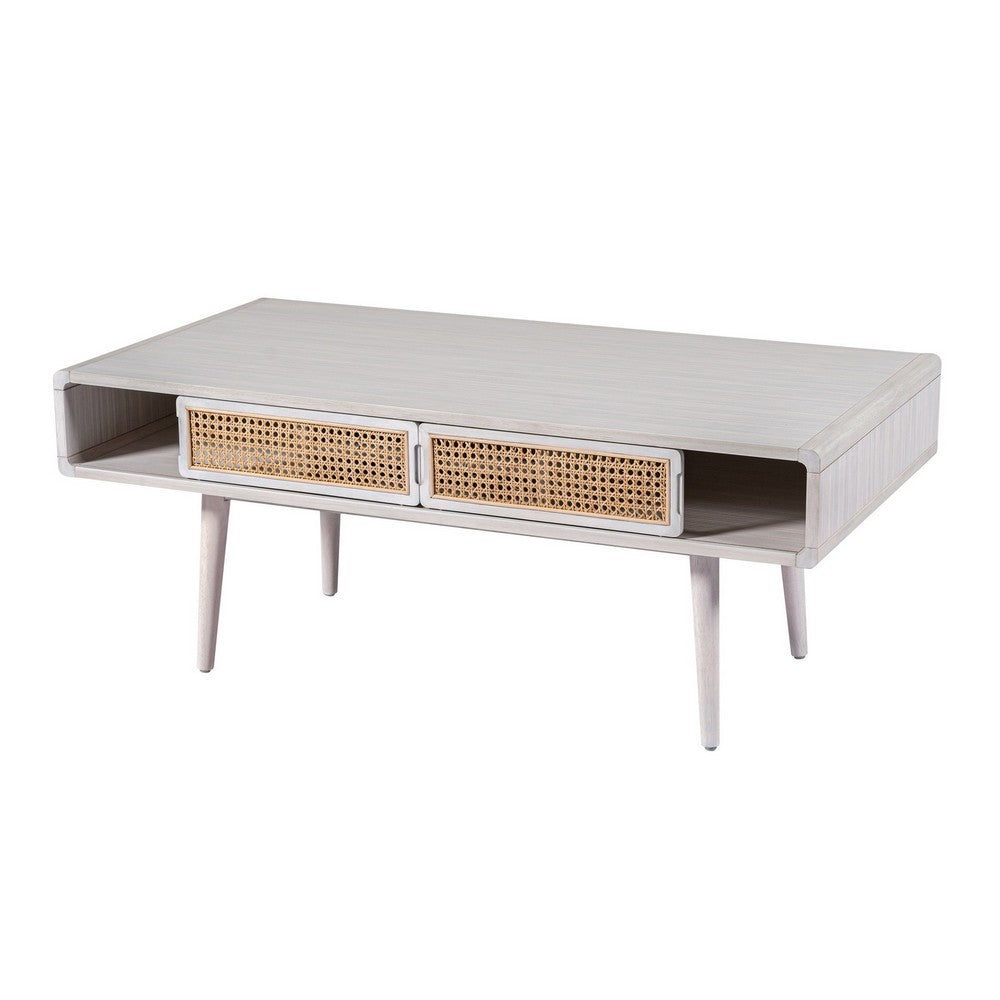 Benjara Camy Coffee Table, Brown Cane Woven Doors, Open Shelf, White 48 Inch