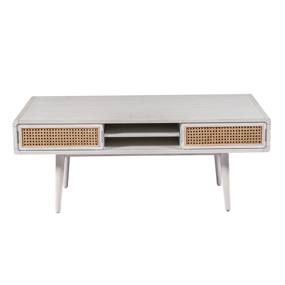 Benjara Camy Coffee Table, Brown Cane Woven Doors, Open Shelf, White 48 Inch