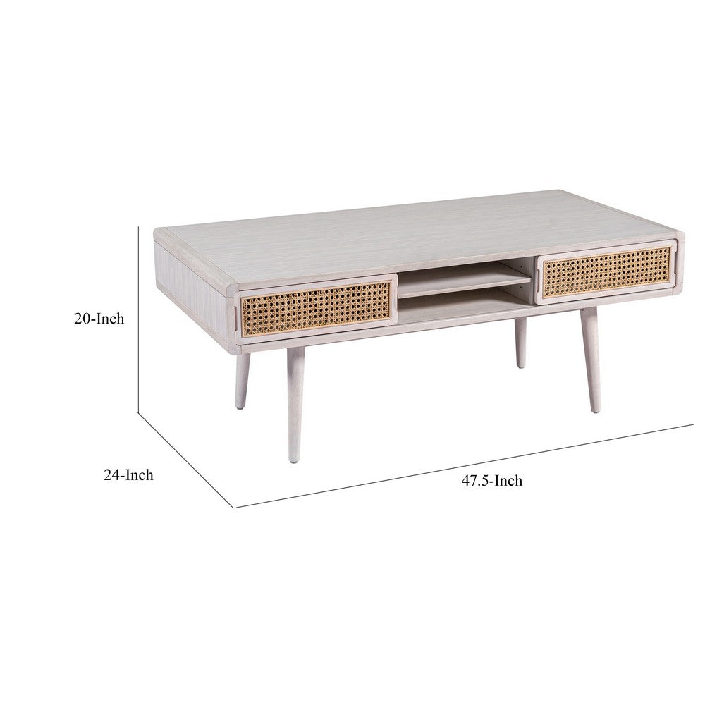 Benjara Camy Coffee Table, Brown Cane Woven Doors, Open Shelf, White 48 Inch