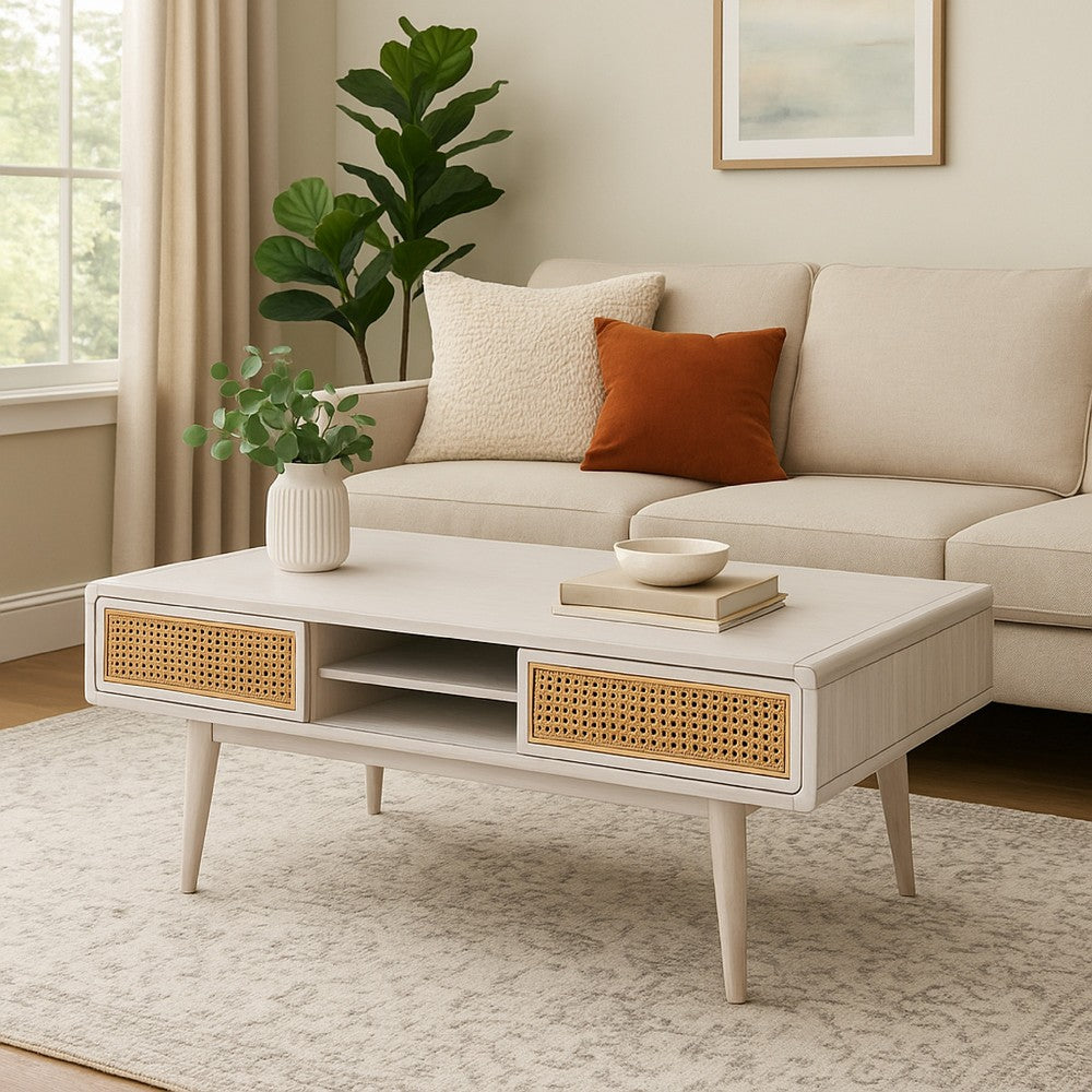 Benjara Camy Coffee Table, Brown Cane Woven Doors, Open Shelf, White 48 Inch