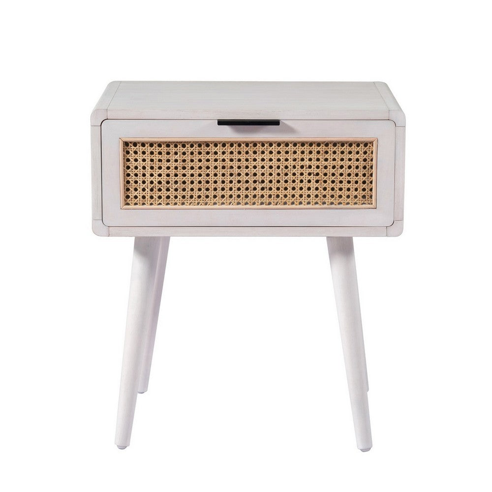 Benjara Camy Side End Table, Natural Brown Cane Woven Drawer, White 22 Inch
