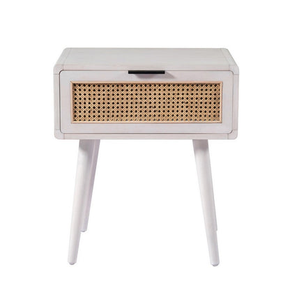 Benjara Camy Side End Table, Natural Brown Cane Woven Drawer, White 22 Inch