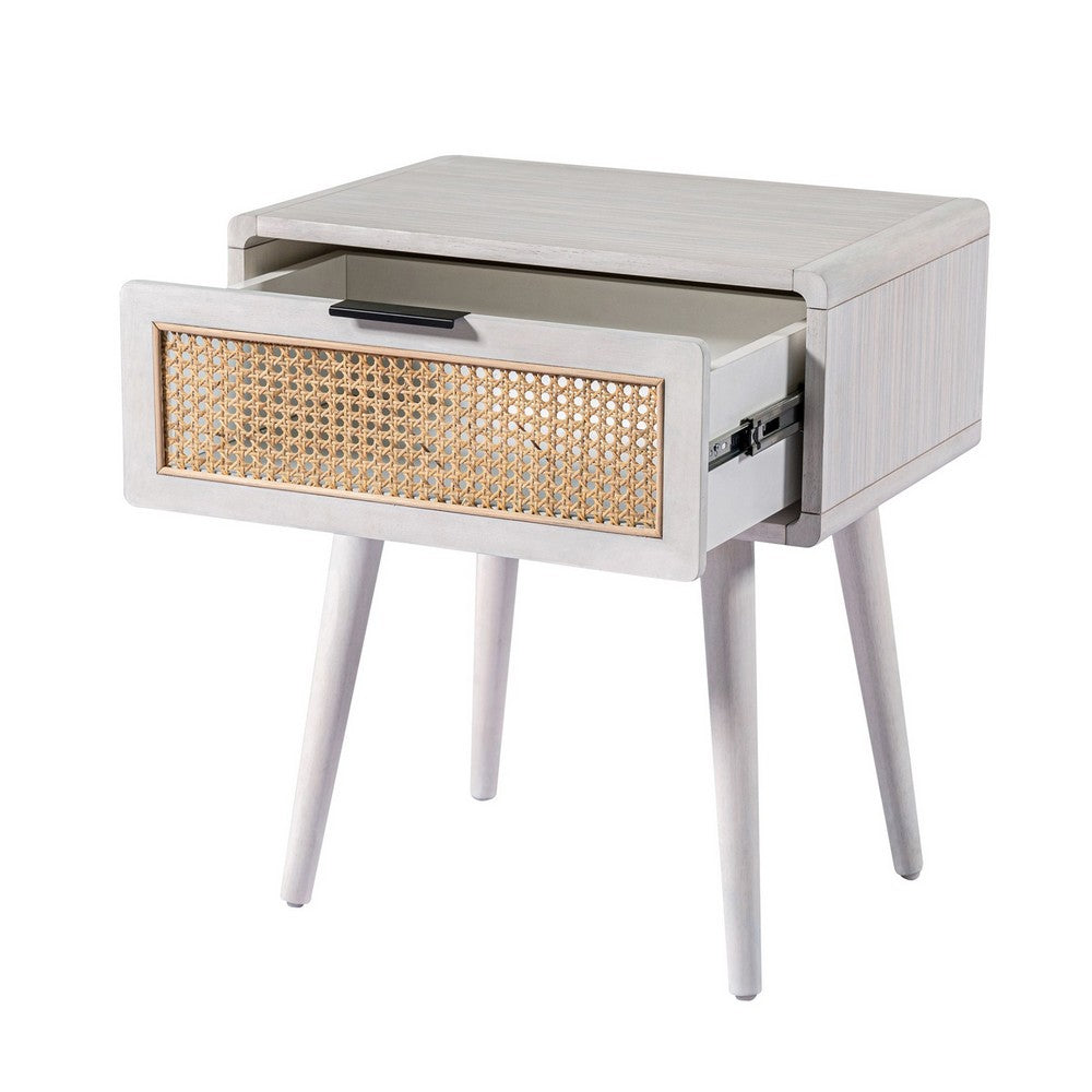 Benjara Camy Side End Table, Natural Brown Cane Woven Drawer, White 22 Inch