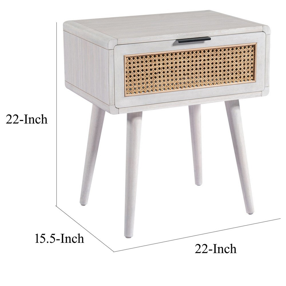 Benjara Camy Side End Table, Natural Brown Cane Woven Drawer, White 22 Inch