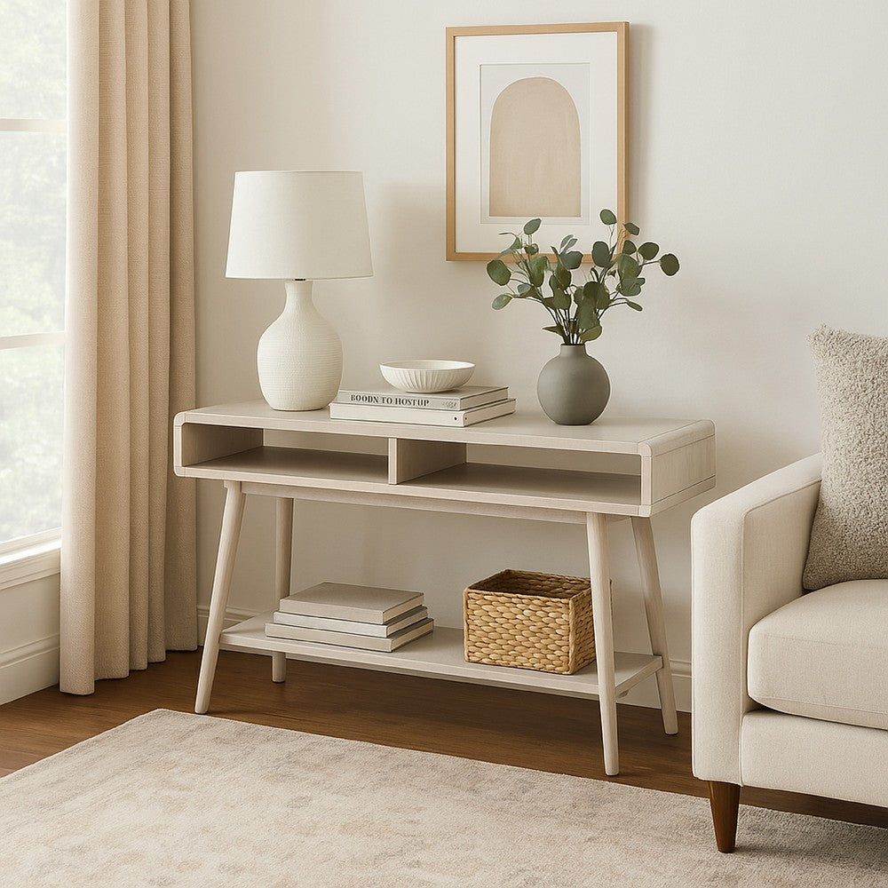 Benjara Camy Sofa Console Table, 2 Open Cubbies, 1 Lower Shelf, White 48 Inch
