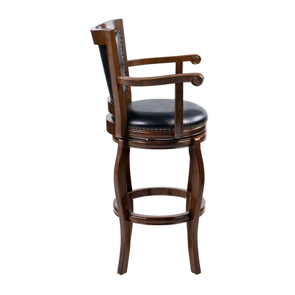 Benjara Hugo Swivel Barstool Chair, Black Faux Leather, 34 Inch Extra Tall
