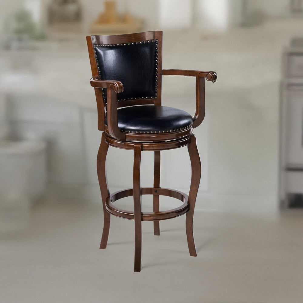 Benjara Hugo Swivel Barstool Chair, Black Faux Leather, 34 Inch Extra Tall