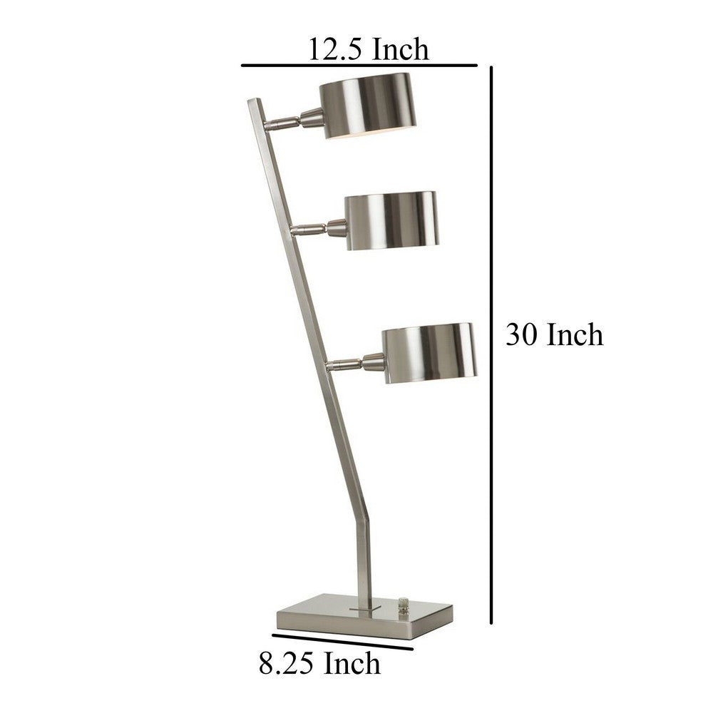 Benjara 30 Inch Table Lamp, Stackable 3 Task Light Metal Shades, Nickel Silver