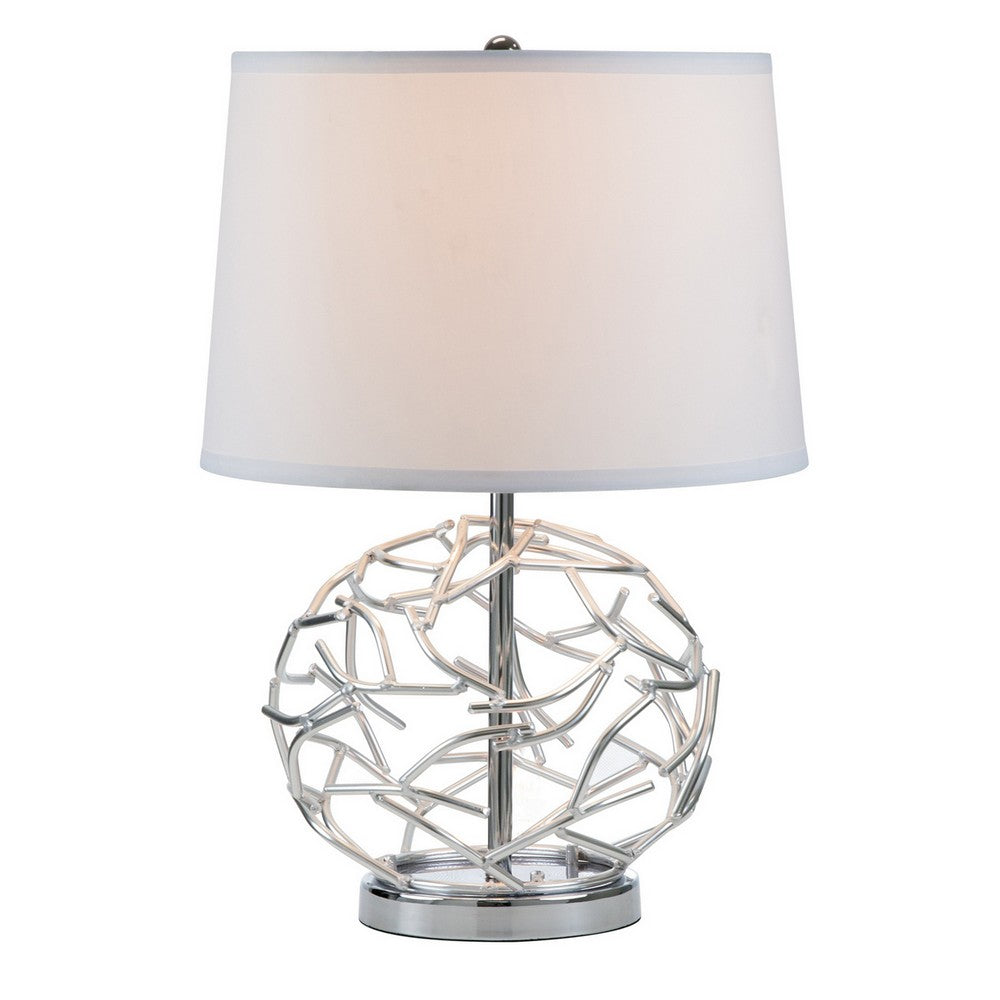 Benjara 24 Inch Table Lamp, Silver Hollow Geometric Globe Base, Empire Shade