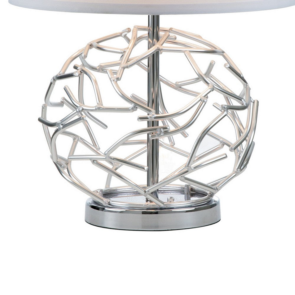 Benjara 24 Inch Table Lamp, Silver Hollow Geometric Globe Base, Empire Shade