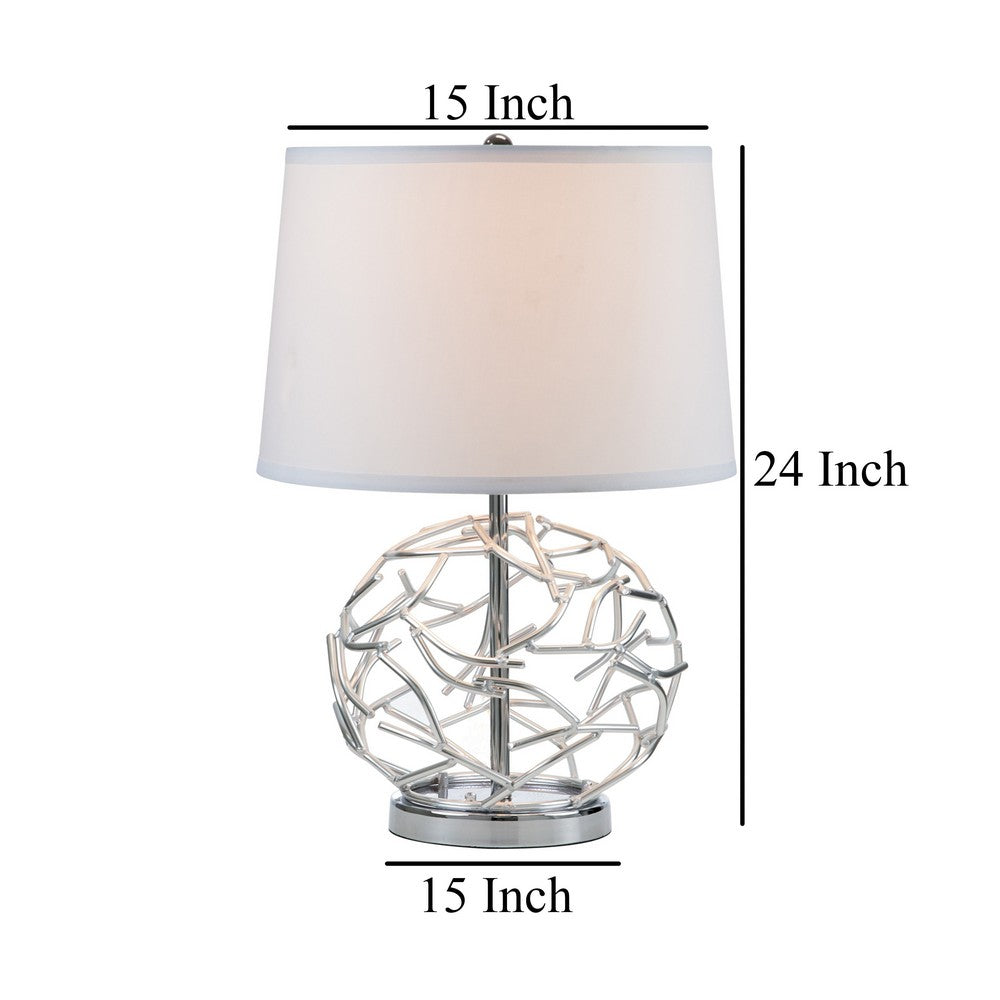 Benjara 24 Inch Table Lamp, Silver Hollow Geometric Globe Base, Empire Shade