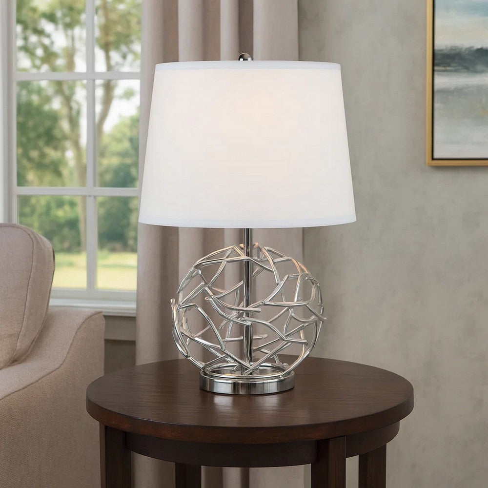 Benjara 24 Inch Table Lamp, Silver Hollow Geometric Globe Base, Empire Shade
