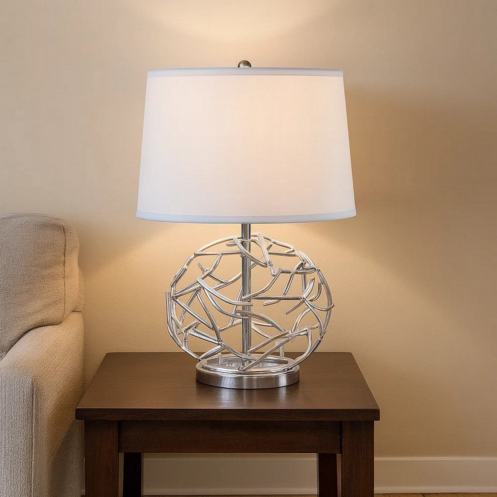 Benjara 24 Inch Table Lamp, Silver Hollow Geometric Globe Base, Empire Shade