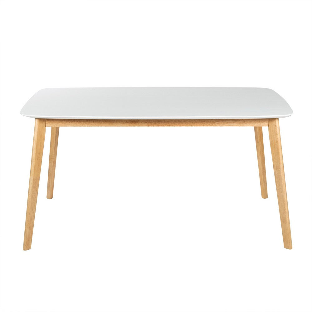 Benjara Dining Table, 59 Inch Rectangular Faux Wood White, Brown Splayed Legs