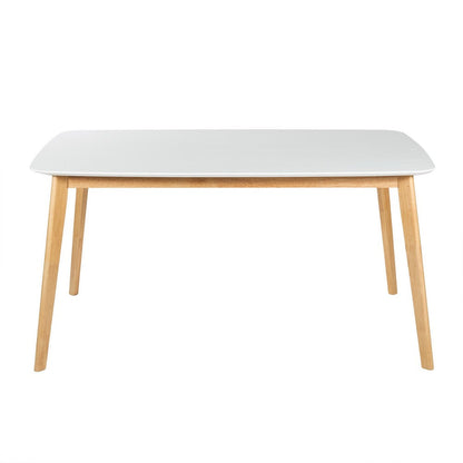 Benjara Dining Table, 59 Inch Rectangular Faux Wood White, Brown Splayed Legs