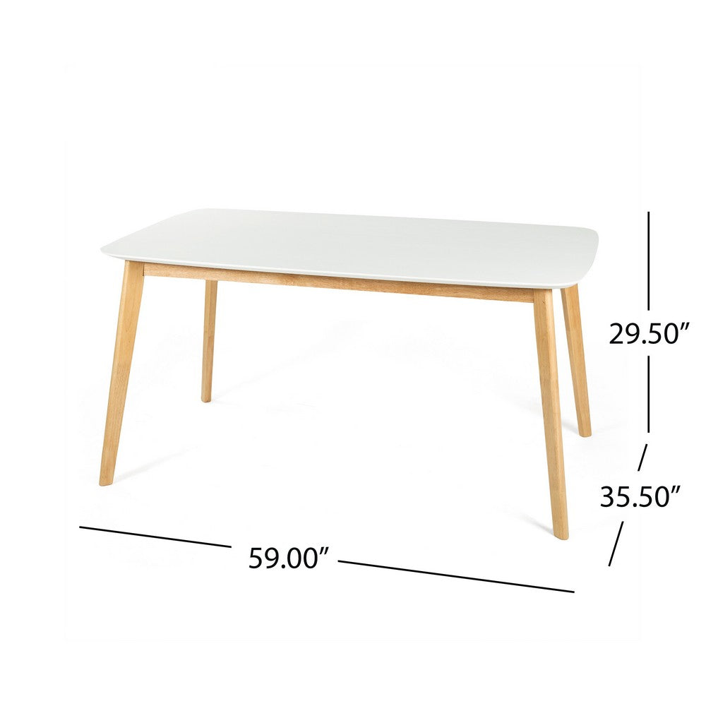 Benjara Dining Table, 59 Inch Rectangular Faux Wood White, Brown Splayed Legs