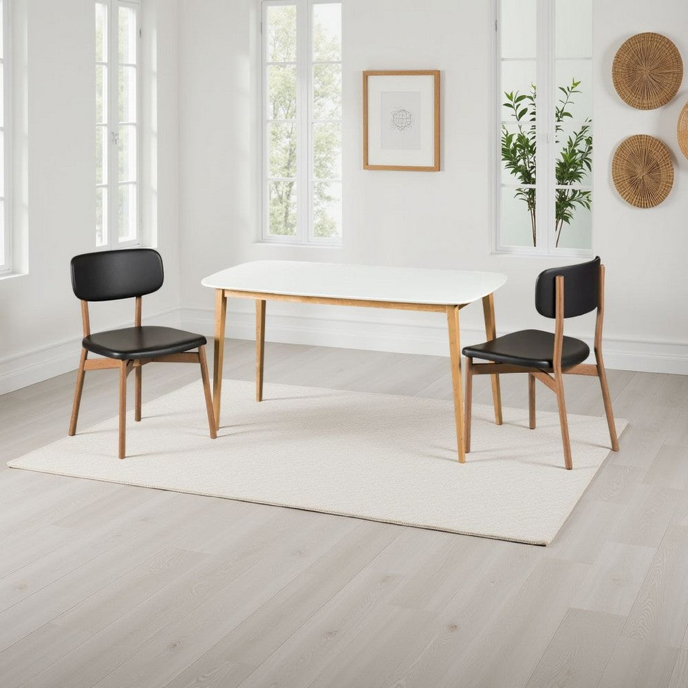 Benjara Dining Table, 59 Inch Rectangular Faux Wood White, Brown Splayed Legs