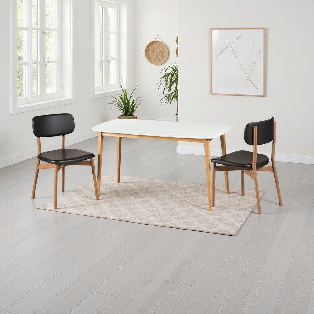 Benjara Dining Table, 59 Inch Rectangular Faux Wood White, Brown Splayed Legs