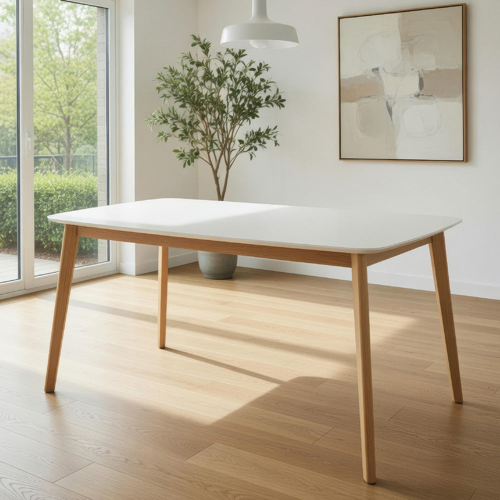 Benjara Dining Table, 59 Inch Rectangular Faux Wood White, Brown Splayed Legs
