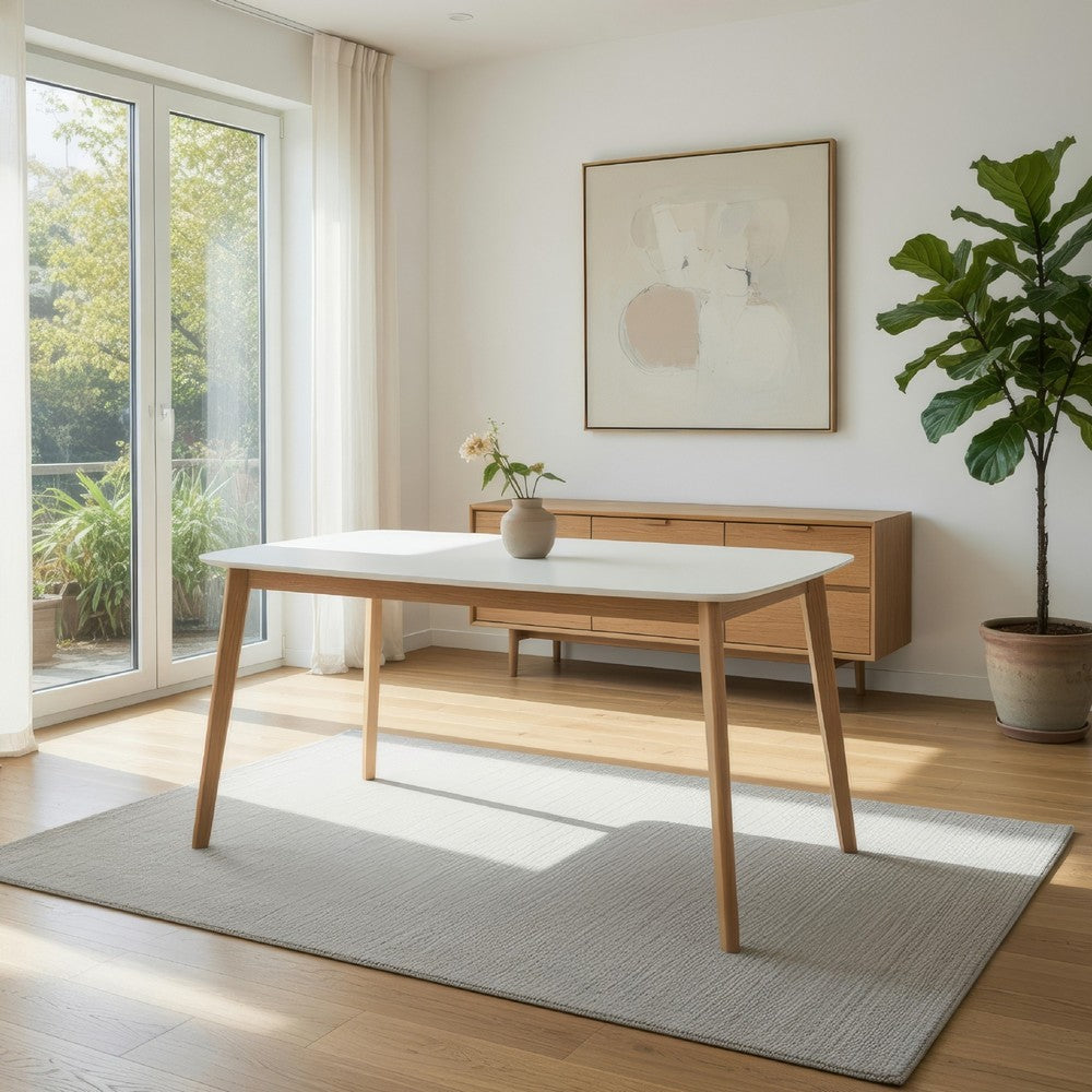 Benjara Dining Table, 59 Inch Rectangular Faux Wood White, Brown Splayed Legs