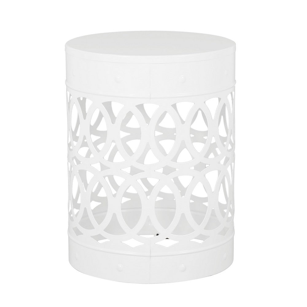 Benjara Feio Outdoor Side End Table 14 Inch Round Geometric Pattern White Iron