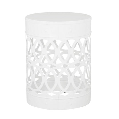 Benjara Feio Outdoor Side End Table 14 Inch Round Geometric Pattern White Iron