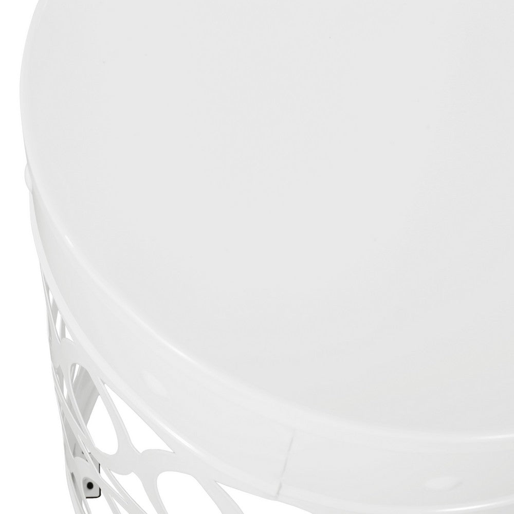 Benjara Feio Outdoor Side End Table 14 Inch Round Geometric Pattern White Iron