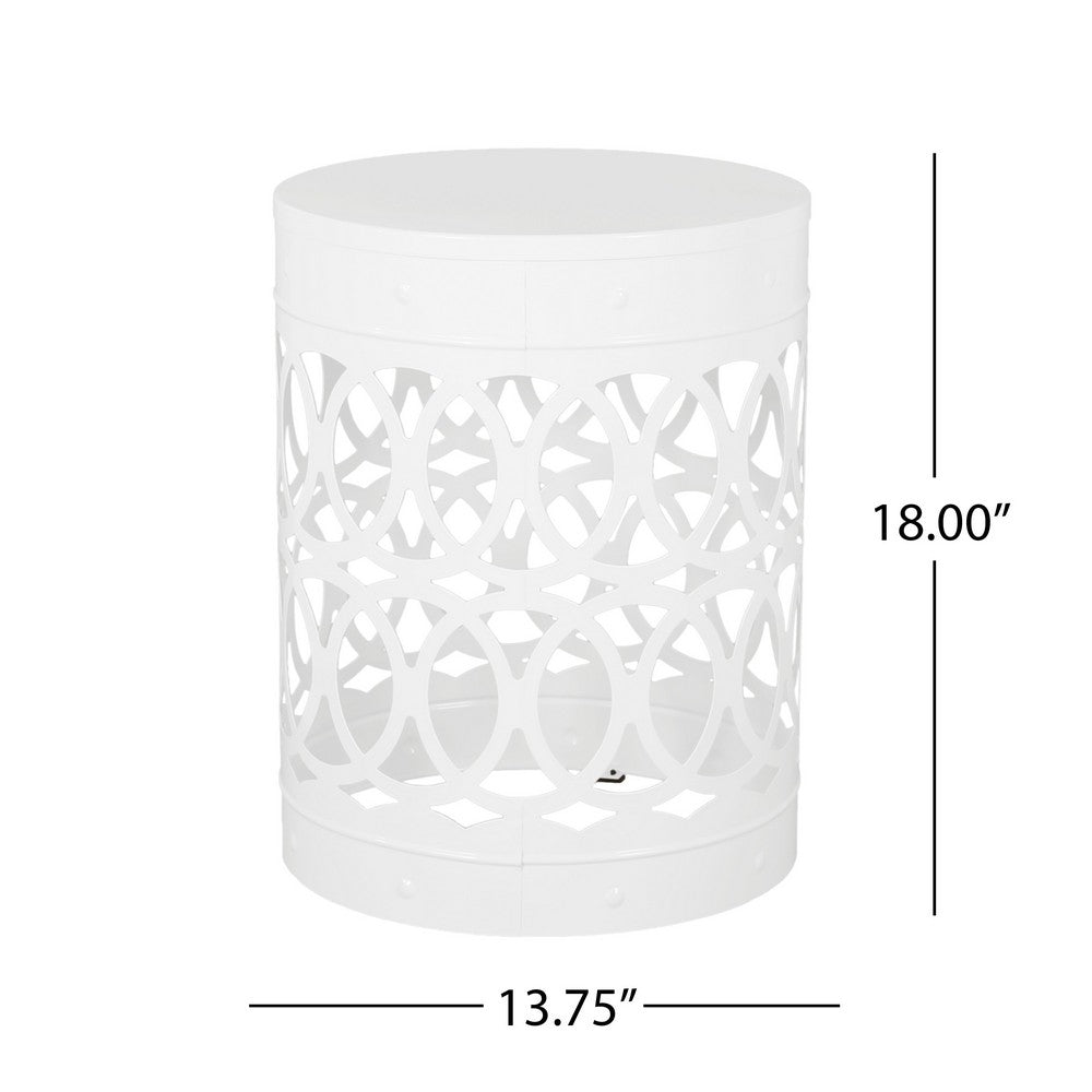 Benjara Feio Outdoor Side End Table 14 Inch Round Geometric Pattern White Iron